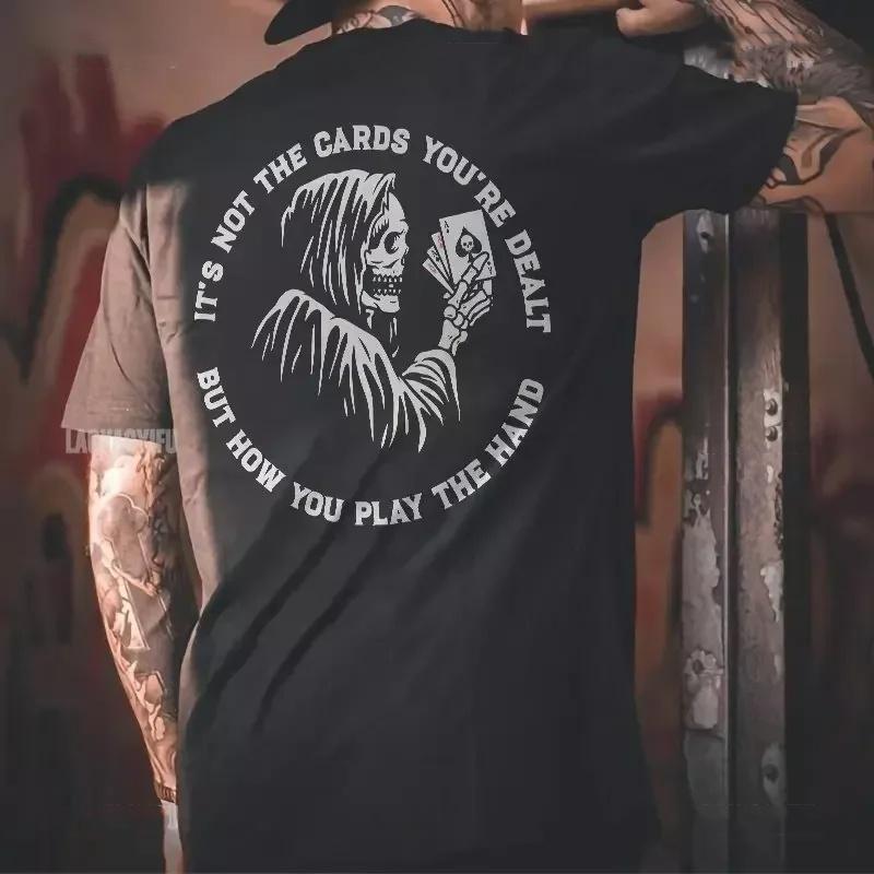Summer Men's Letter Skull Print Round Neck T-shirt Punk Retro Trend Outdoor Pure Cotton Hip-hop High Street Short Sleeved Shirt