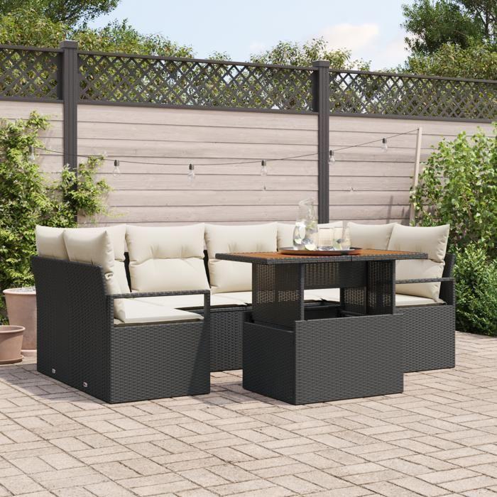 Ensemble de Canapé de Jardin de 7 Pièces avec Coussins en Poly Rattan Noir, Canapé de Jardin 2 Places avec Rangement 3358399