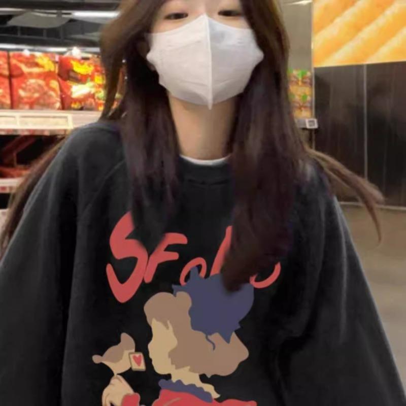 Autumn Winter Hipster Street Style Printing Loose Casual Sweatshirt Women O Neck Fashion All-match Pullover Top