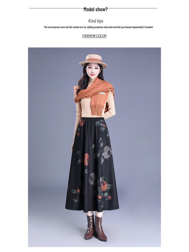 2026 New Style High-Waisted Wool Blend Reversible Velvet A-Line Mid-Length Skirt with Print