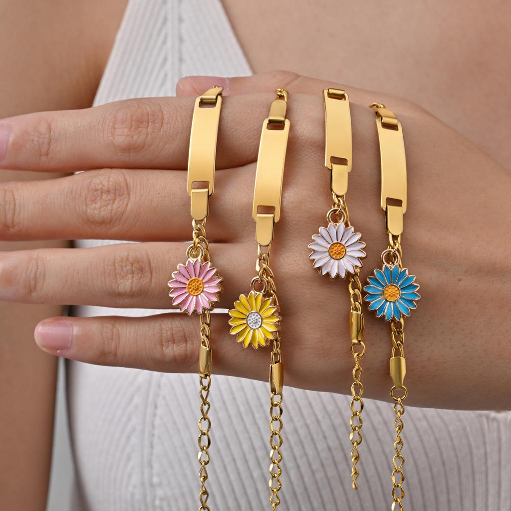 Engravable, Dripping Flower Stainless Steel Blank Curved Plate Three To One Nk Chain Children'S Bracelet, Jewelry 798