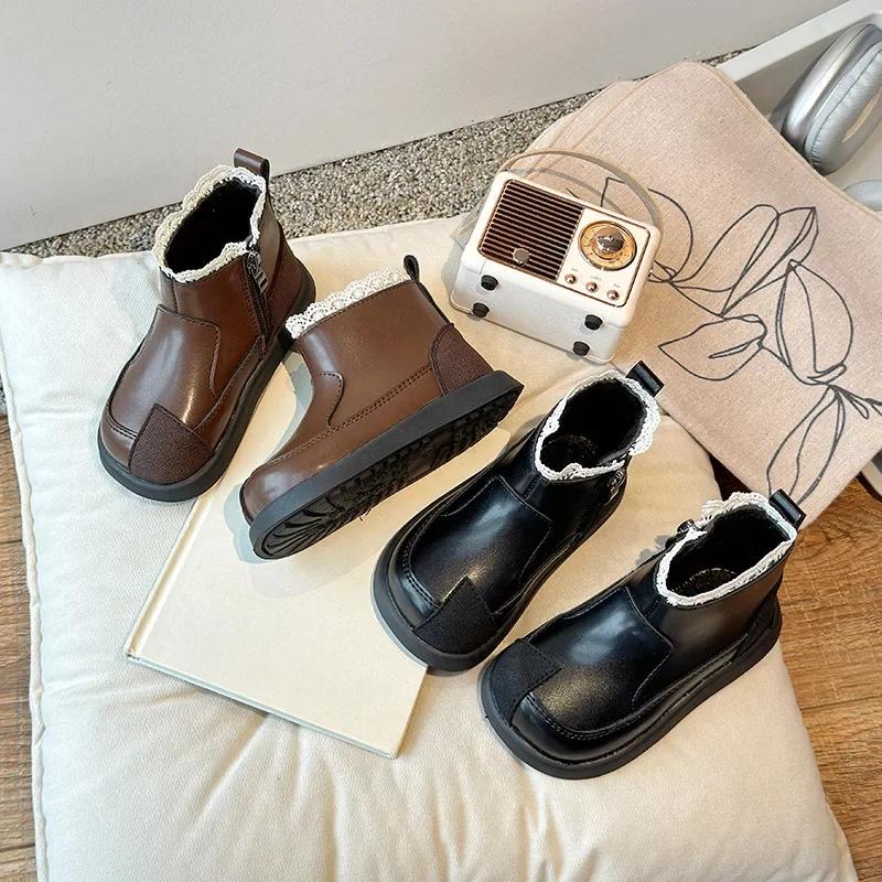 Kids Ankle Boots with Sweet Lace Girls Princess Boots with Cotton Non-slip 2024 Autumn Winter New Children Short Boots Elegant
