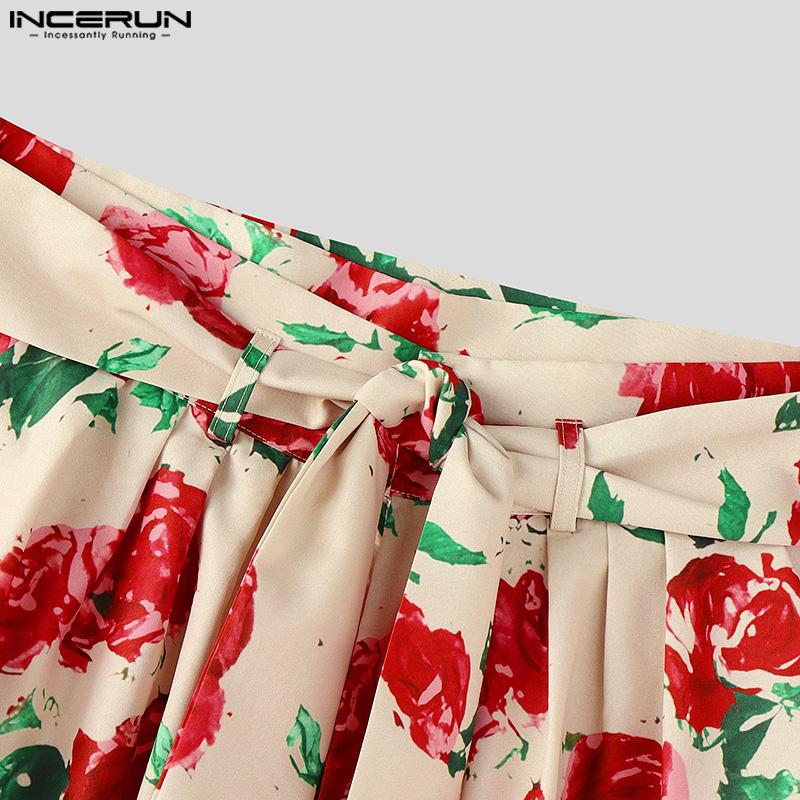 INCERUN Men Belt Zipper Waist Floral Print Casual Long Wide Legs Pants