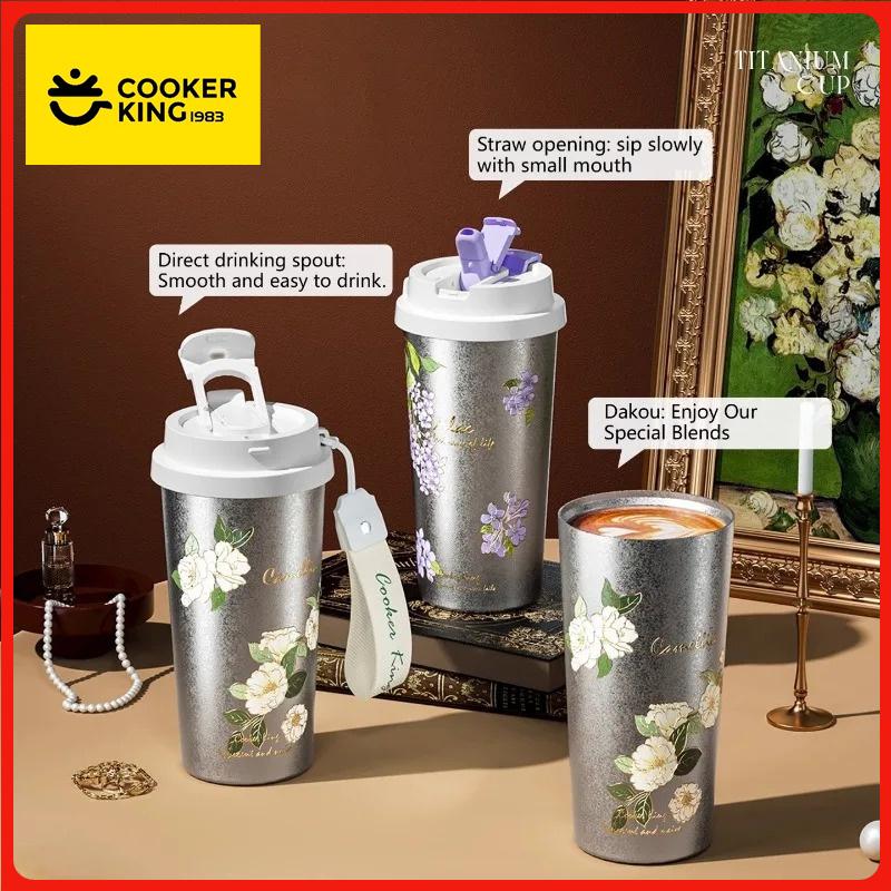 COOKER KING 520ML Pure Titanium Insulated Cup Flower Pattern Portable Thermos Cup Dual-Drink Coffee Mug Car Water Cup for Gift