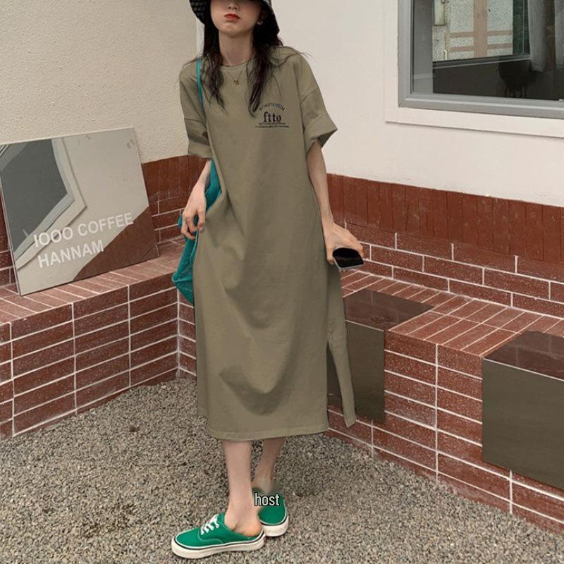Women's Plus Size Summer T-shirt Dress: Loose Over-the-Knee Slit Skirt & Long Top Base Layer