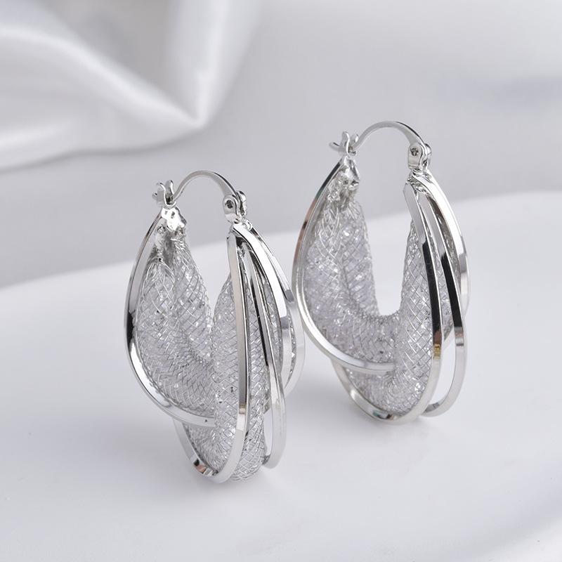 2026 European Elegant Mesh Crystal Hoop Earrings - Luxury Sparkling U-Shaped Ear Buckles for Women Niche Design Jewelry