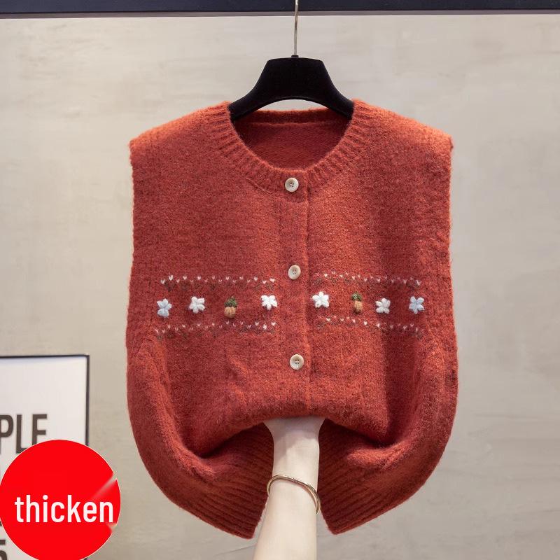 

Вязаный жилет ручной работы с цветочным узором и круглым вырезом - Женский свитер без рукавов с подплечниками на осень/зиму 2025 Small