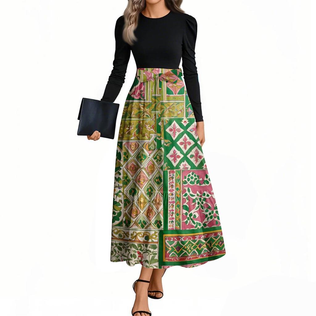 Women's Fashion Casual Belted Long Sleeve Round Neck Floral Printed Elegant Temperament Dresses