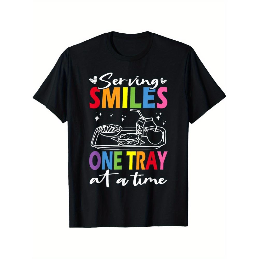 

Cotton restaurant staff T-shirt black round-neck short sleeved featuring the fun pattern of One Dish One Smile Service S