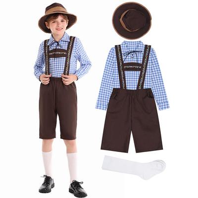 Boys' Pink & Purple Oktoberfest Alpine Costume with Blue Checkered Suspenders