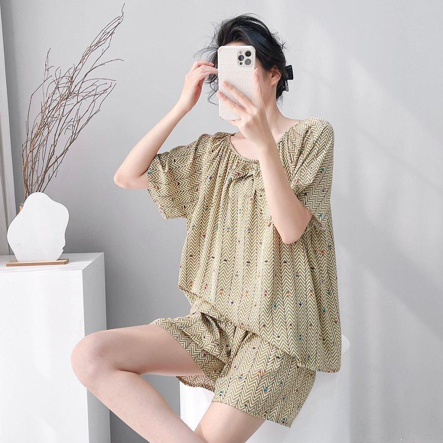 1011 New cotton and silk pajamas women's spring summer short-sleeved shorts printed suit cute fashion loungewear