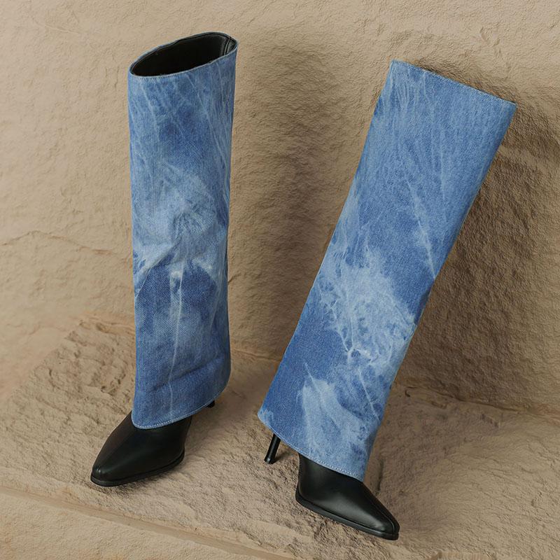 Women's High-heeled Medium Boots Autumn and Winter New European and American Style Pointed-toed Thin-heeled Large-size Cowboy Pipe Boots