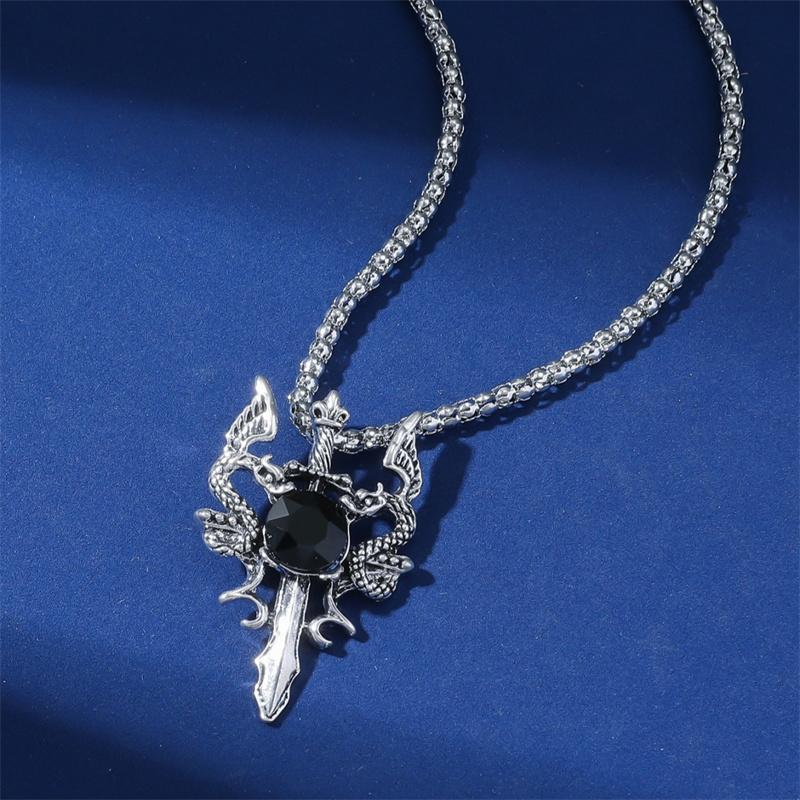 Gothic Retro Rhinestone Cross Dragon Sword Pendant ins Hip-Hop Men's Fashion Personality Versatile Necklace Jewelry Accessories