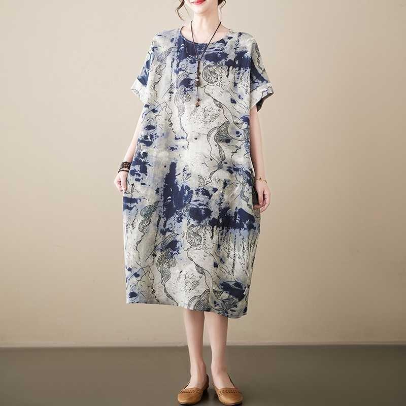 Real Spot Fat Sister Summer Loose and Thin Short-sleeved Cotton and Linen Dress