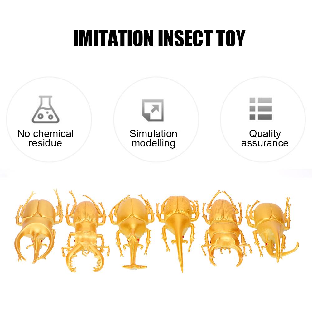 6pcs Simulation Beetle Insect Model Halloween Trick Props NonToxic PVC Insect Toy(Gold )