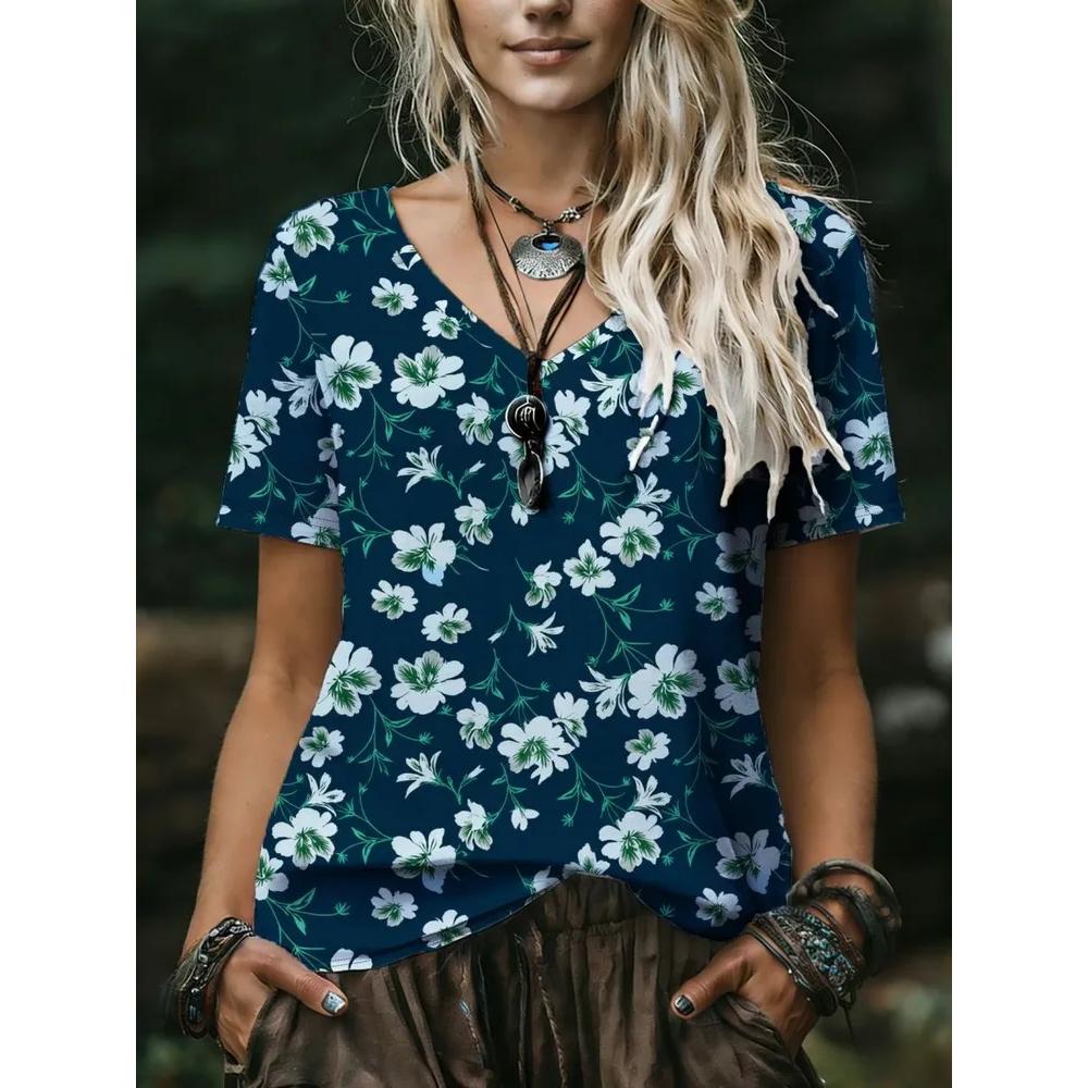 Fashion Versatile Flower Printed V-Neck Top Women's Short Sleeve Casual Comfortable T-Shirts Women’s