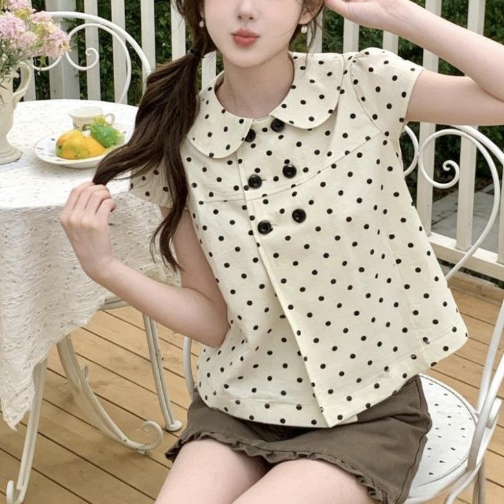 Sweet wind apricot polka dot doll collar short-sleeved shirt women's summer new loose versatile shirt casual top