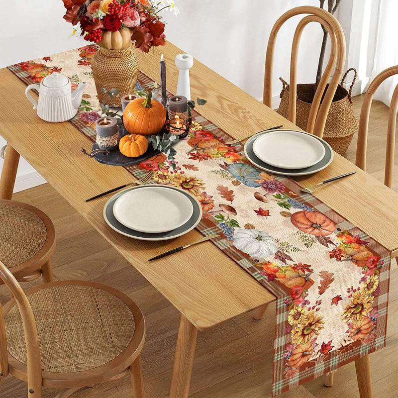 Autumn Table Table Flag Home Kitchen Decoration Pumpkin Sunflower Plaid Cafe Restaurant Rustic Farm Linen Table Table Flag