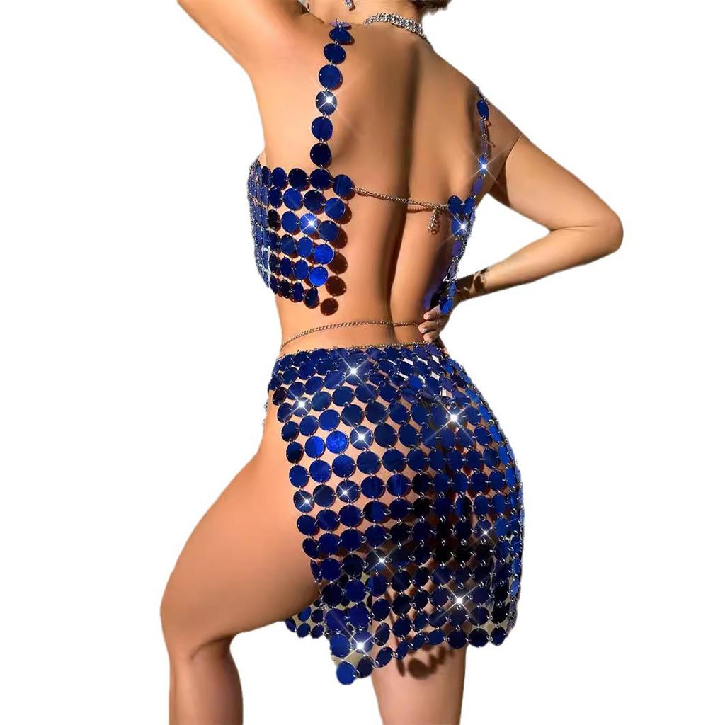 Fashion 2025 pure hand-spliced beads nightclub flash sexy backless chain women's set