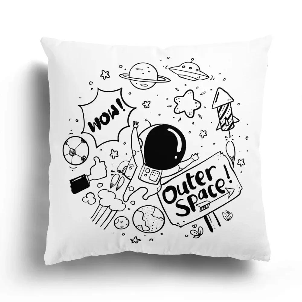 Fashion Black and White Sky Cartoon Astronaut Home Sofa Cushion Cover Cartoon Pattern Room Bedroom Pillowcase Decoration