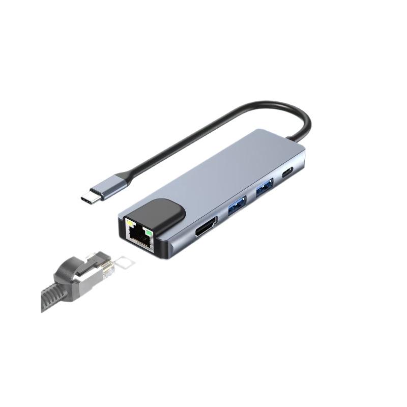 Type-C to 5-in-1 Docking Station: 100M Network, USB 3.0 Hub, 4K HD Screen Casting Converter