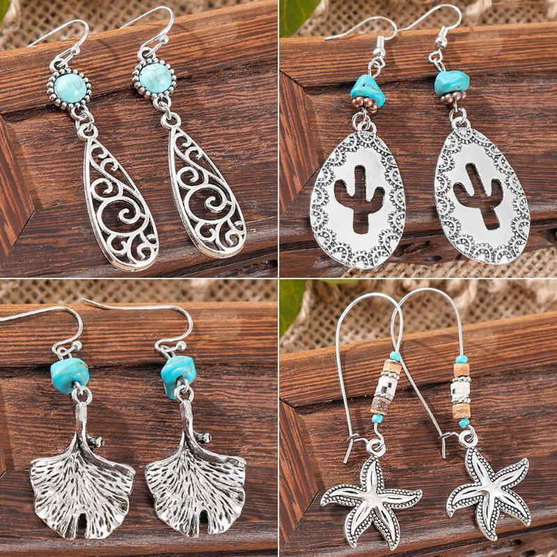 Bohemian Turquoise Dangle Earrings Vintage Silver Tree Of Life Teardrop Spiral Ethnic Drop Earrings For Women Jewelry