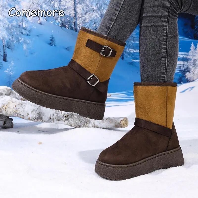 Fashion Casual Belt Buckle Decoration Snow Boots Women 2025 Winter Fashion Mix Color Suede Ankle Boots Warm Short Plush Non Slip Booties