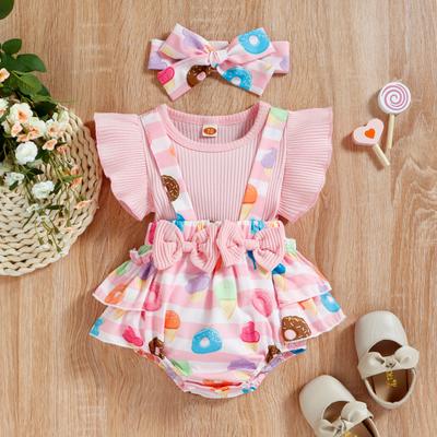 Baby Girls Outfits Set Fake Two Piece Suspender Bowknot Patchwork Donut/Flower Printed Ruffle Triangle Romper with Headband