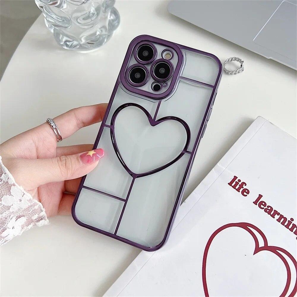Luxury Electroplate Love Heart Phone Case For iPhone 11 Case Iphone 13 12 14 15 Pro Max 14 15 Plus Shockproof Bumper Clear Cover
