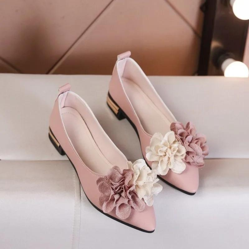 

Модные женские туфли-балетки больших размеров на низком каблуке, летняя новинка, с острым носком, мелким вырезом, цветочным декором, мягкой подошвой, противоскользящие, износостойкие, одинарные туфли 43 розовый