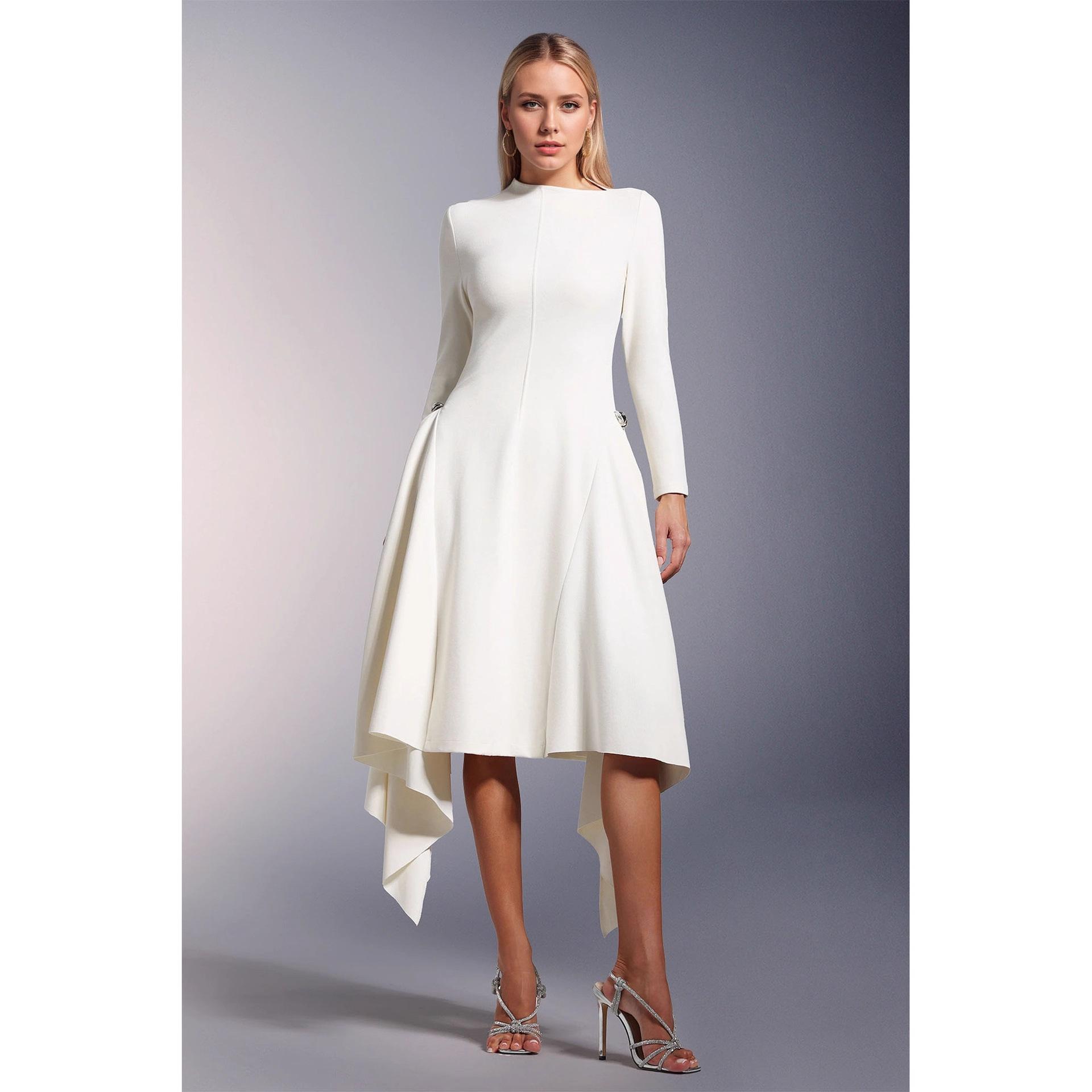 European and American elegant wind oblique neckline autumn and winter fashion skirt irregular large skirt long women s dress european and american code s