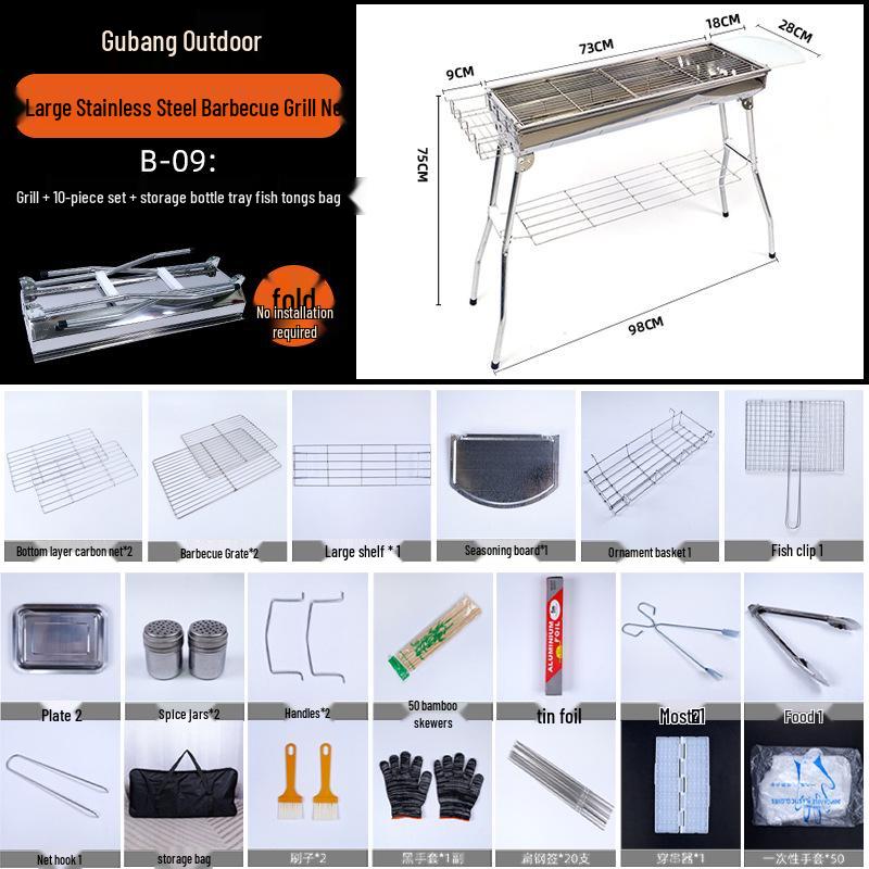 Large Portable Stainless Steel Charcoal BBQ Grill for Outdoor Picnics and Home Use