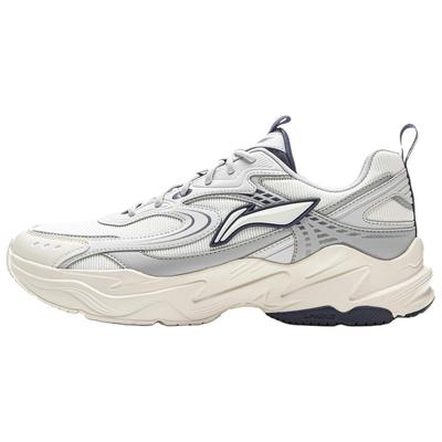 Li Ning Sports Life Collection Synthetic Leather, Textile Cushioning Low Top Chunky Sneakers Men's Ivory Gray AGCV433-4//