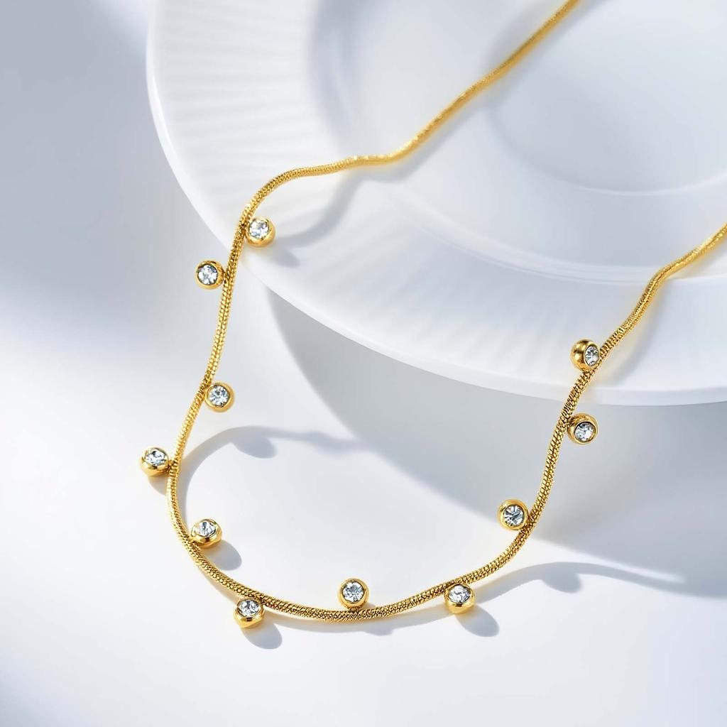 Dainty Round Snake Chain White Zircon Necklace,Gold Plated Women's Stainless Steel Necklaces,Fashion Charm Jewelry Gifts