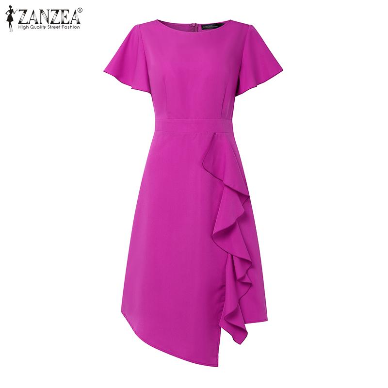 ZANZEA Women Casual Round Neck Ruffles Splice Summer Short Sleeve Dress