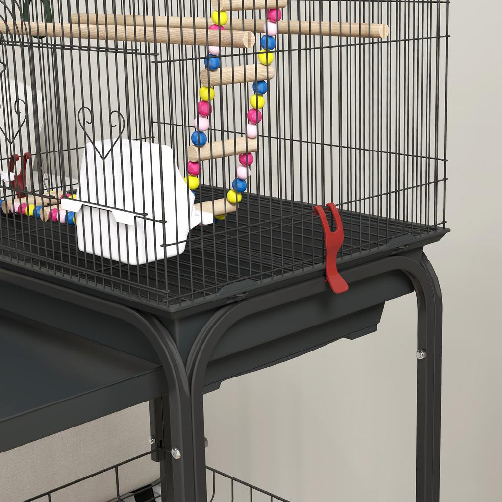 Bird Cage with Stand, Swivel Wheels, Shelf and Accessories, 46x36x120 Cm, Black