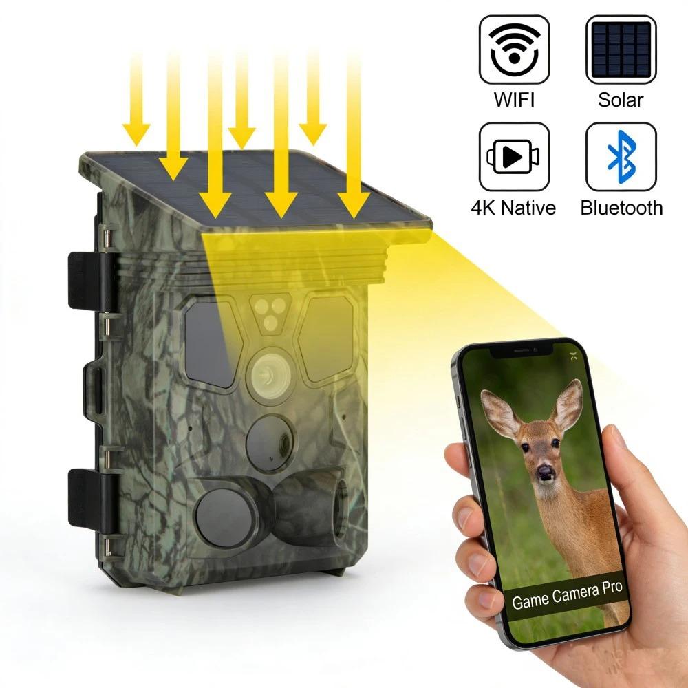 4K 50MP WiFi Trail Camera 940NM Night Vision Motion Activated Waterproof Bluetooth Hunting Camera App with Solar Panel for Wildl