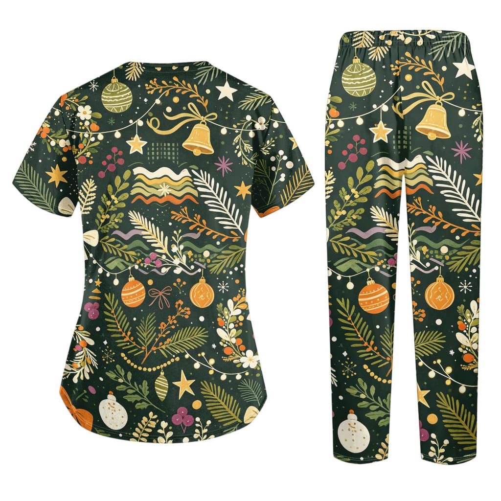 Women's V-Neck Short Sleeve Christmas Print Scrub Set with Pockets Two Piece Caregiver Work Uniform