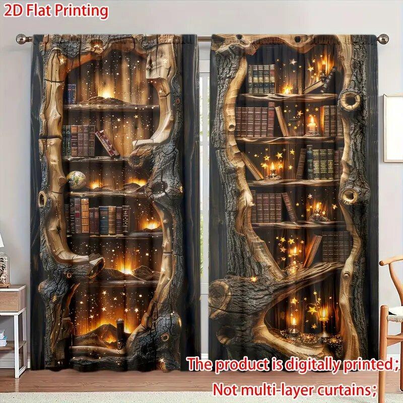 2 Pcs Tree hole bookshelf print curtains,suitable for bedroom,living room kitchen decoration,home decoration,window decoration