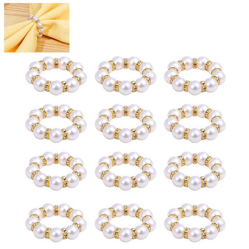12 ks Perlové kroužky na ubrousky Zlatý držák na ubrousky Korálkové kroužky na ubrousky s kamínky Spona s gumičkou Pro formální svatbu