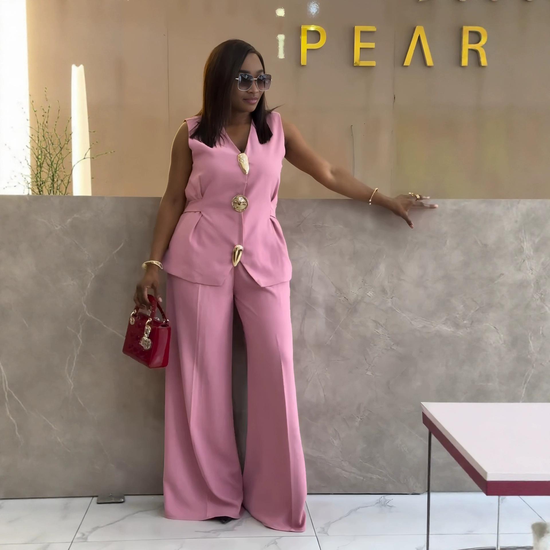 

Womens Sleeveless V Neck Jumpsuit with Buttons Solid Color Casual Romper S розовый