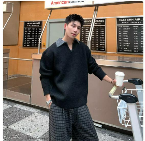 Old Qian Men s V-Neck Sweater & Collared Knit Polo for Autumn/Winter – Stylish, Comfortable, Smart Wear XL