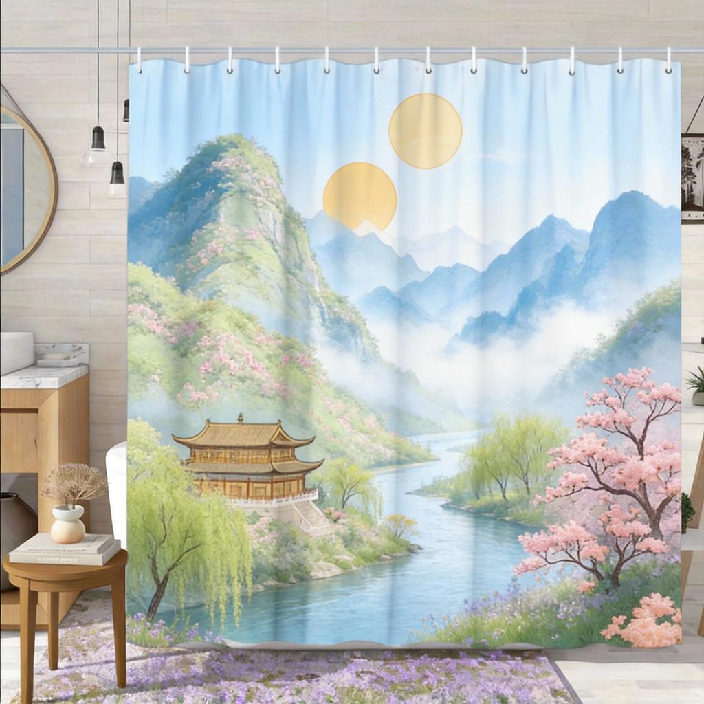 Chinese Landscape Shower Curtain Traditional Pavilion Mountain River Print Polyester Bath Curtain with Hooks for Zen Decor