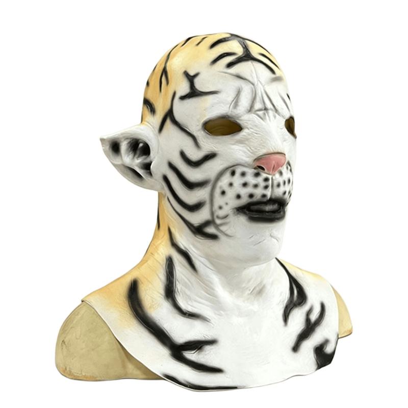 Vollkopf-Latex-Kostümmaske mit gestreiftem Tiergesicht, Nackenabdeckung, Augenöffnungen und offenem Mund für Mottoparty-Outfits und Fotoautomaten