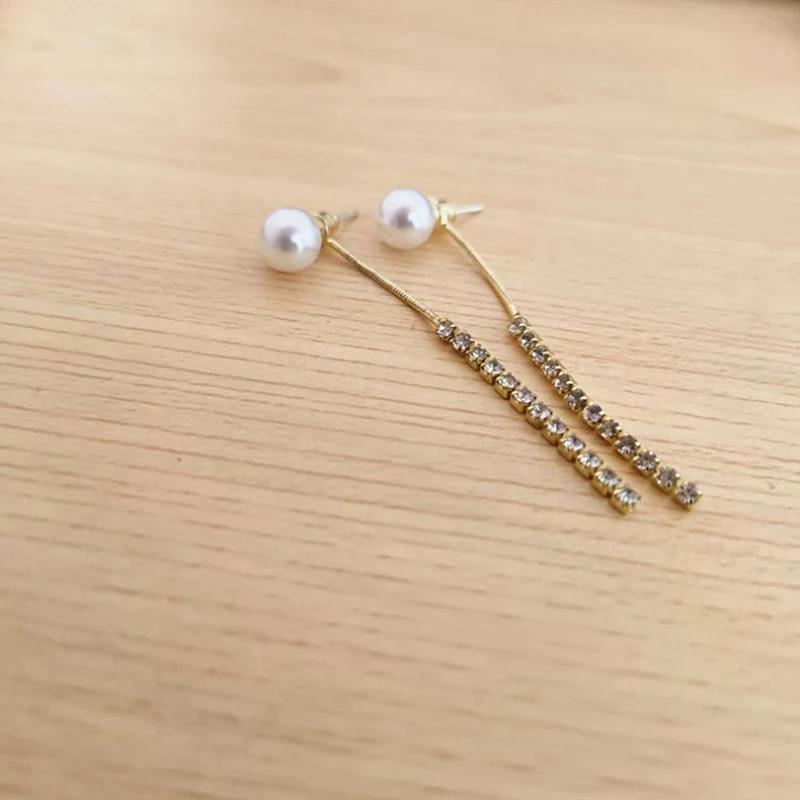 New Korean Long Tassel Pearl Dangle Earrings For Women Luxury Full Rhinestone Gold Color Drop Earring Wedding Party Jewelry Gift