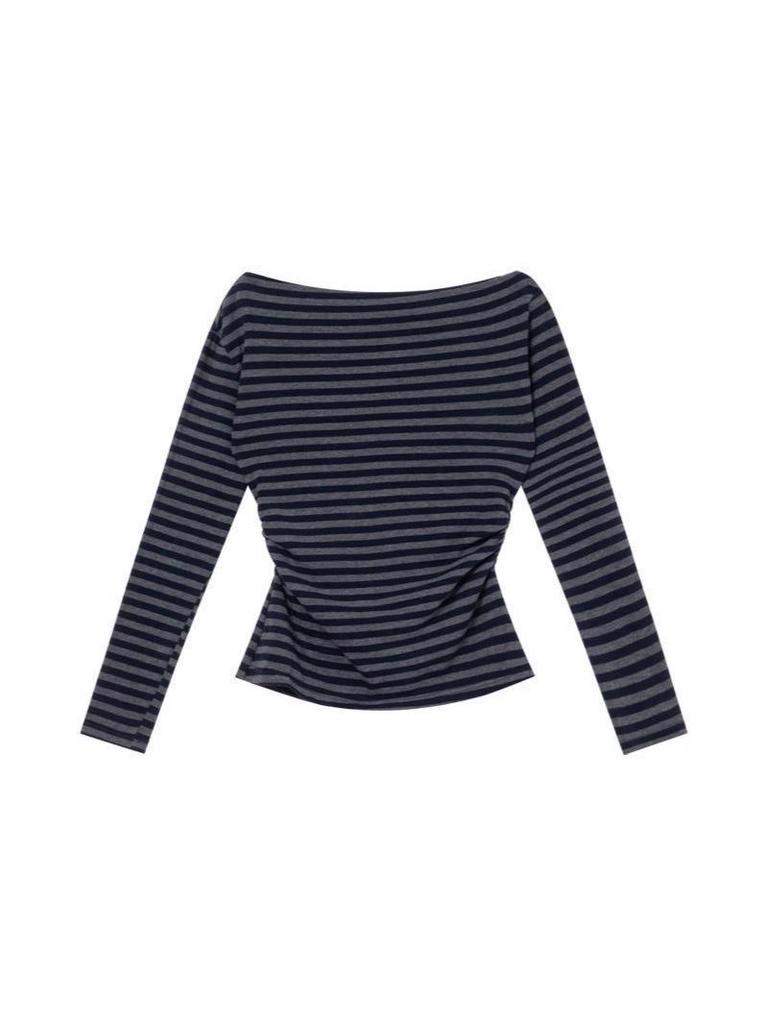 Women's Gray Striped One-Shoulder Long-Sleeve T-Shirt - Slimming Waist, Comfortable, Casual, Versatile - New for Early Autumn 2026