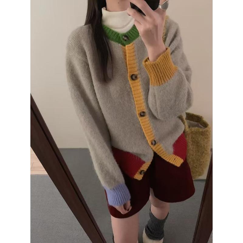 Design sense niche color matching knitted cardigan women's autumn and winter new loose lazy thickened soft waxy sweater jacket