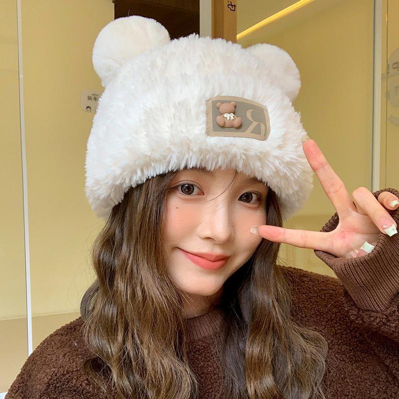 Plush Hat Female Winter Cute Bear Ears Striped Contrasting Color New Sweet Contrasting Color Knitted Wool Hat