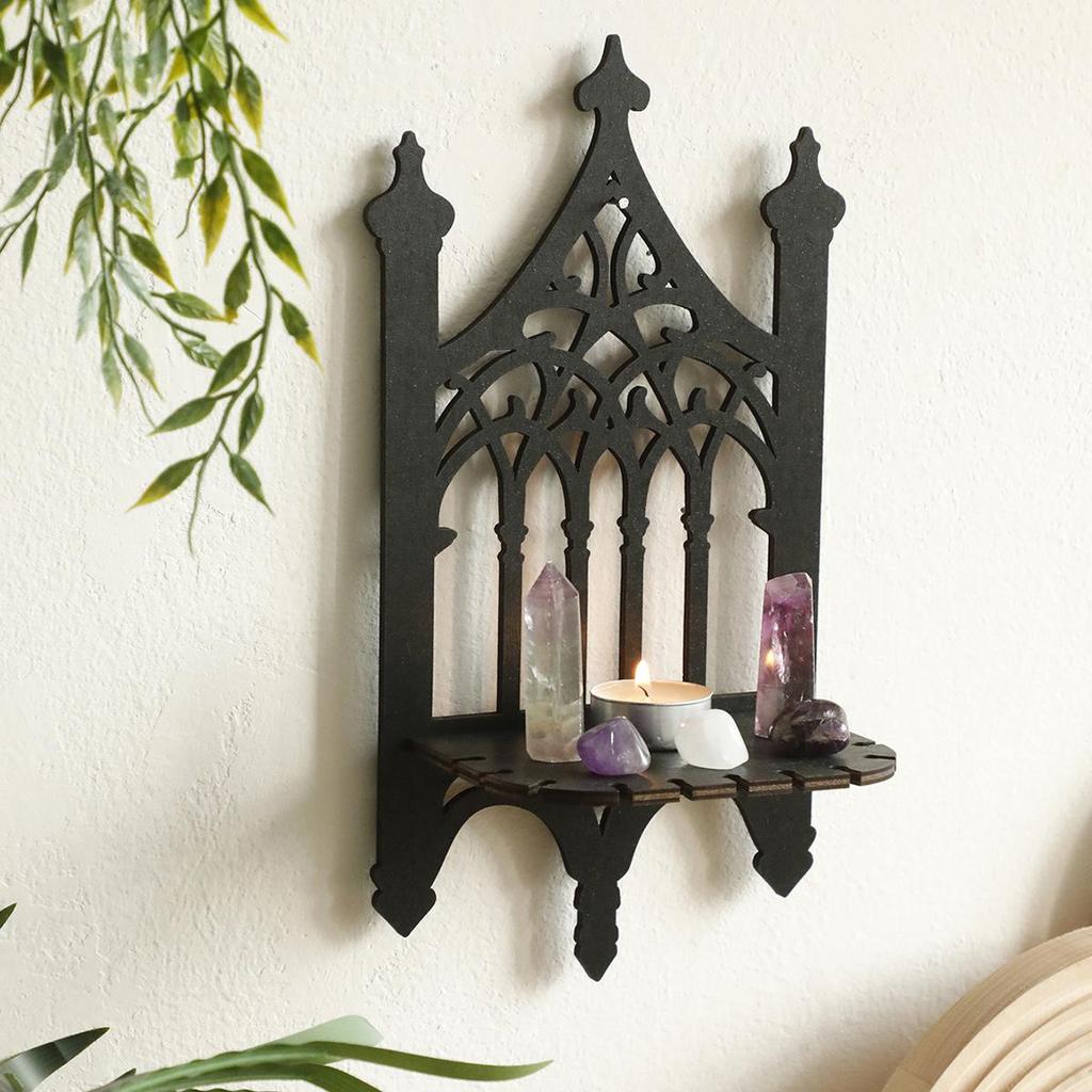 Bohemian Gothic Black Wooden Wall-Mounted Shelf for Bedroom Decor