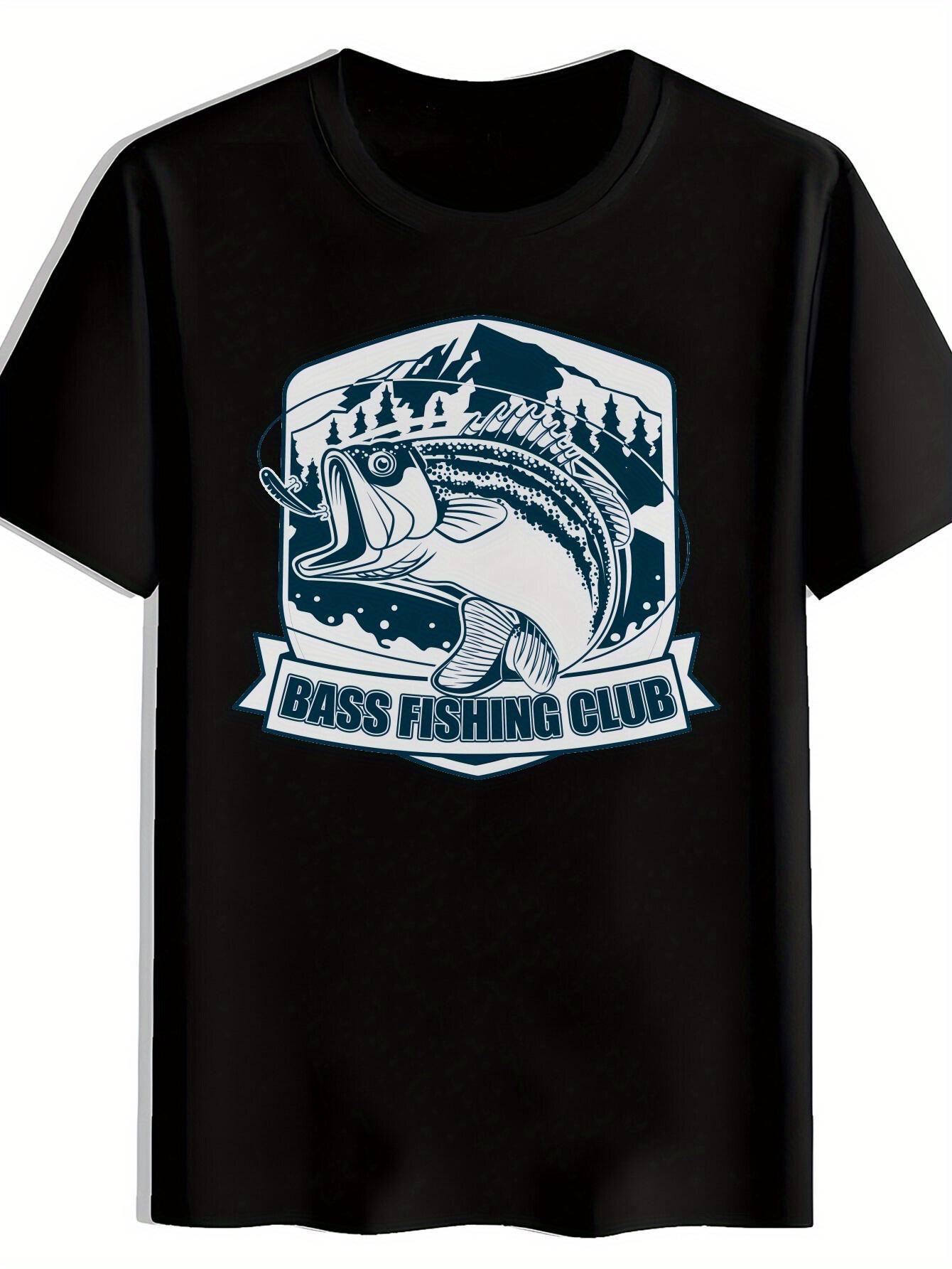 

Black Bass Fishing Club Graphic T-shirt - Casual Short Sleeve Polyester Tee with Mountain & Fish Design S